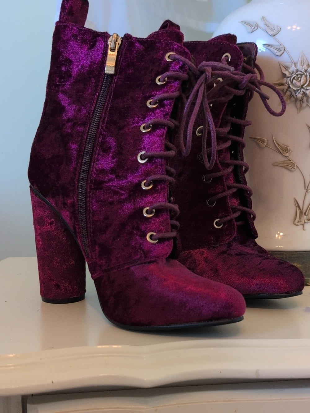 Catherine Maladrino Flair Velvet Magenta Lace-up Booties, Sz 7.5